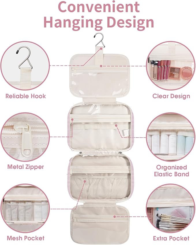Narwey Striped Travel Toiletry Bag for Women Large Hanging Makeup Bag Organizer Toiletries Bag for Full Size Essentials Accessories Cosmetics (Dusty Pink Stripe (Large)) - Image 7