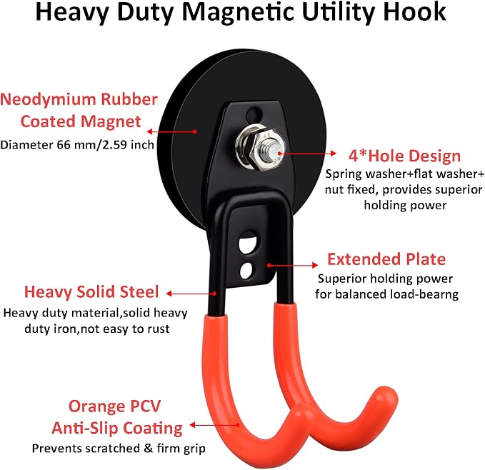 ULIBERMAGNET Garage Strong Magnetic Hooks, 2 Pack Heavy Duty Large J Hooks with Magnet, Anti-Slip Coating Magnet Hooks for Garden Tools, Ropes,Drill - Image 2