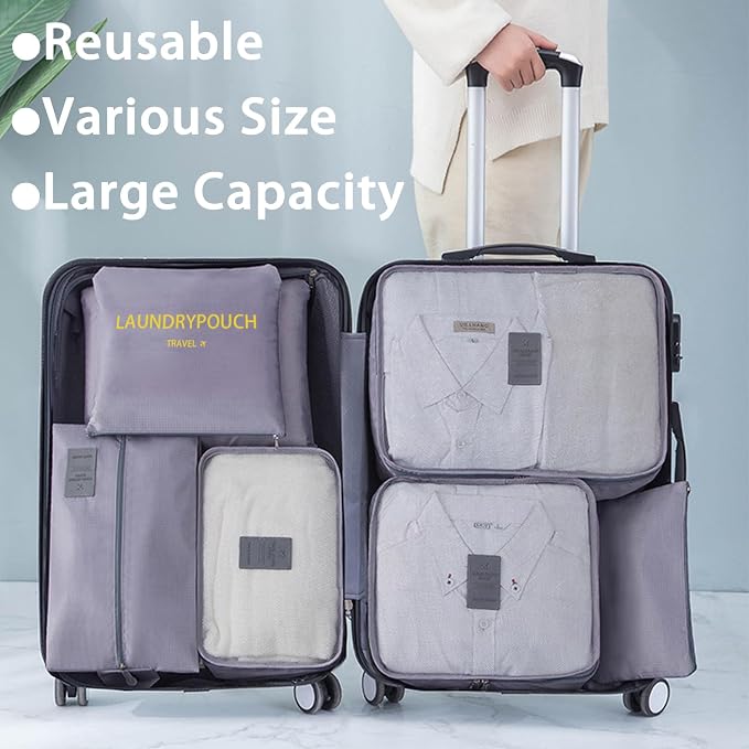 INVODA 7 Set Packing Cubes for Suitcases Travel Essentials for Carry on Luggage Organizer Bags Set for Travel Accessories Luggage Cubes (Grey) - Image 3