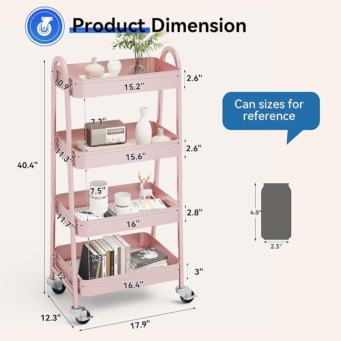 NEWBULIG 4-Shelf Metal Rolling Storage Utility Cart with Lockable Wheels | Mobile Organizer Shelf, Space-Saving, Freestanding, Bathroom, Living Room, Slim, Narrow Corner Spaces, Pink - Image 4