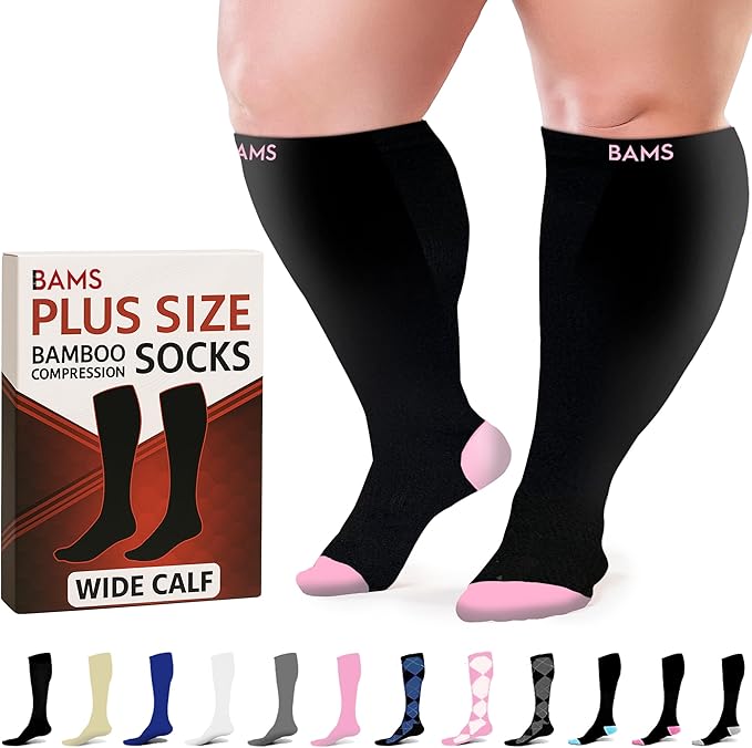 BAMS Plus Size Compression Socks Wide Calf XL XXL XXXL – Graduated Knee-High Support, Viscose from Bamboo Easy-On/Easy-Off by BAMS