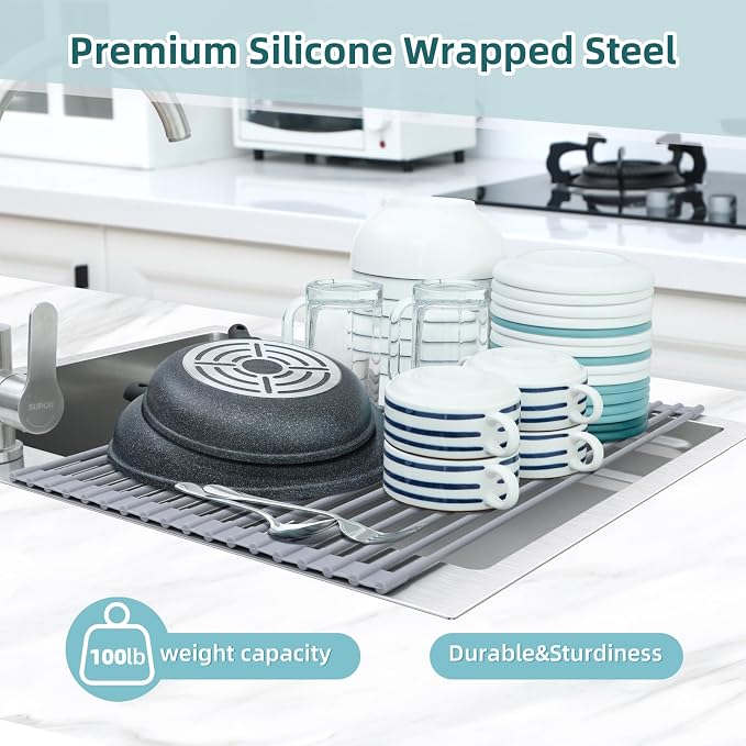 Ohuhu Dish Drying Rack Over The Sink, Roll Up Sink Rack 20.5" W x 13.1" L Rolling Dish Drainer Foldable Accessories Heat-Resistant Mat Anti-Slip Silicone Coated for Kitchen Counter - Image 8