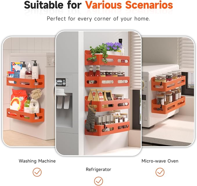 4-Pack Magnetic Spice Rack for Refrigerator with Hooks, Orange | Strong multipurpose magnetic shelf for kitchen & bathroom organization. Includes 4 removable hooks for hanging items. - Image 6