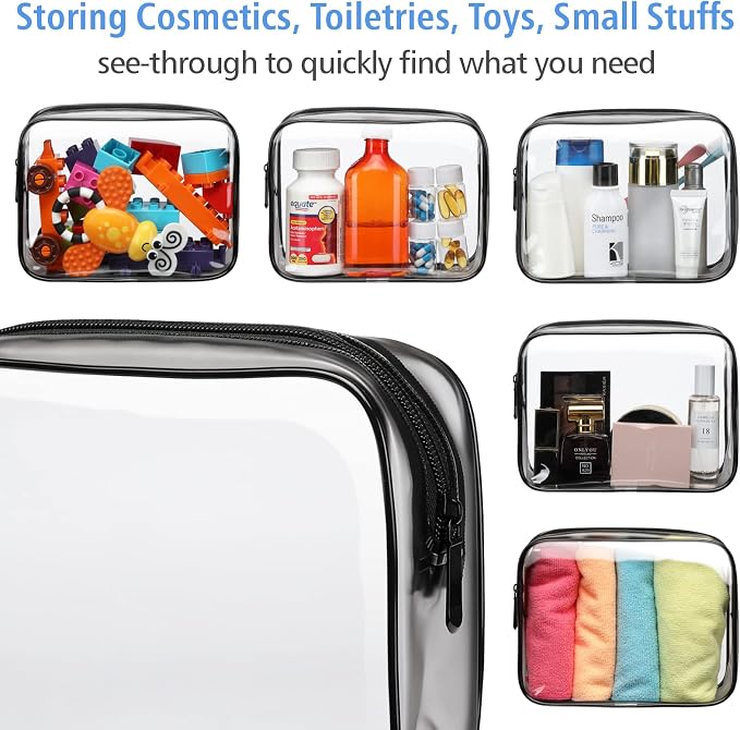 Clear Makeup Bag for Travel - TSA Approved Toiletry Bag, 2 Black | 1 Medium Quart Carry-On & 1 Large Checked-Luggage, Reinforced Seams, Water-resistant, Clear Easy-Check for Airport, Women - Image 5