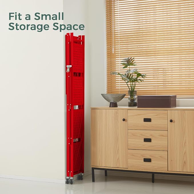 DEANIC 5-Shelf Folding Bookcase with Wheels, Heavy Duty Storage Shelves, Freestanding Metal Wire Shelving Unit for Living Room, Office, Kitchen, Basement, Pantry(Red) - Image 5