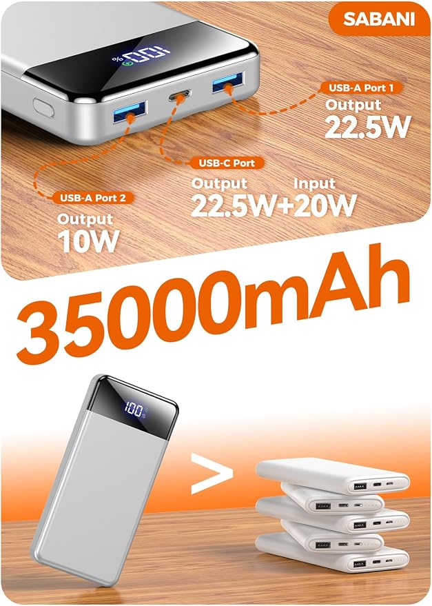 SABANI Portable Charger 35000mAh Power Bank, 4 Built in Cable Big Capacity | Ultra Slim, 22.5W Fast Charge, Travel Camping Essential, USB C External Battery Pack for iPhone Samsung Android, Silver - Image 8