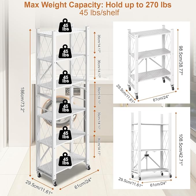 6-Tier Foldable Storage Shelves with Wheels, Folding Metal Shelf Unit | Folding Bookshelf no Assembly, Collapsible Shelves for Craft Shows for Kitchen, Bedroom, Living Room, White - Image 2