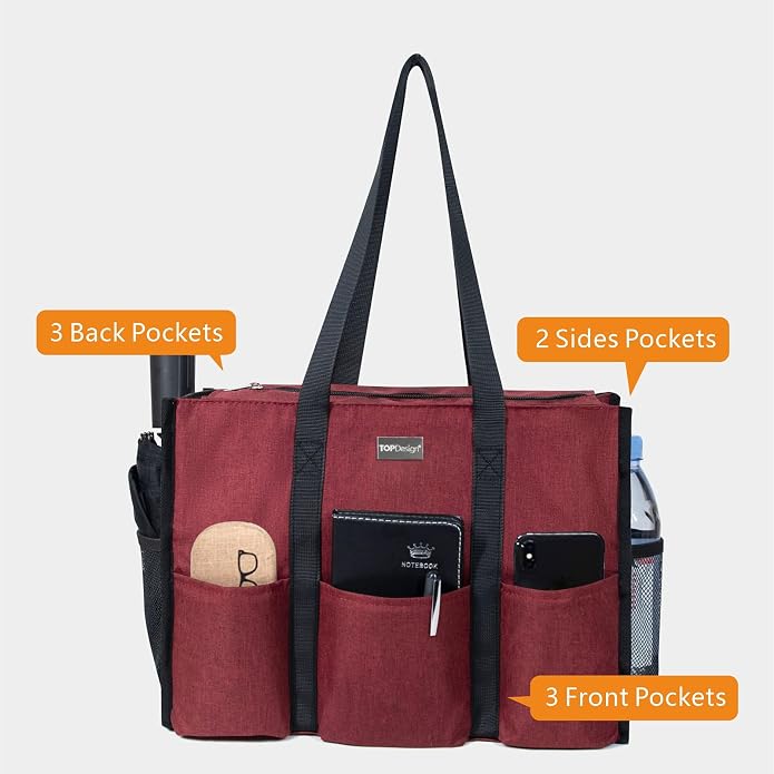 TOPDesign Utility Water Resistant Tote Bag with 13 Pockets, Top Zipper Closure & Thick Bottom Support, for Working Women - Image 3