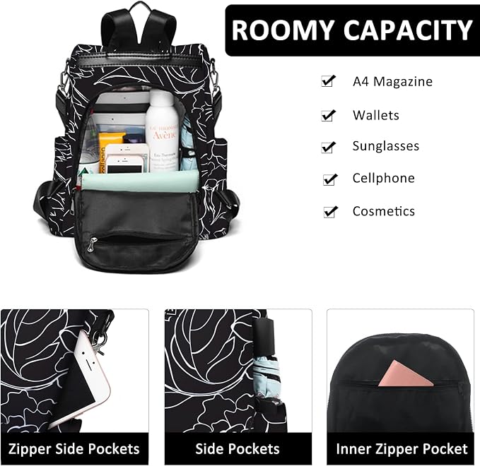 Women's Anti-Theft Backpack Purse | Lightweight Travel Daypack for College, Work & Outdoor | Nylon Back pack with Minimalist Floral Design | Hidden Back Zipper Opening, Compact Travel Size,Summer Purse, Daypack for College Work, Fits 13-inch laptop - Image 4