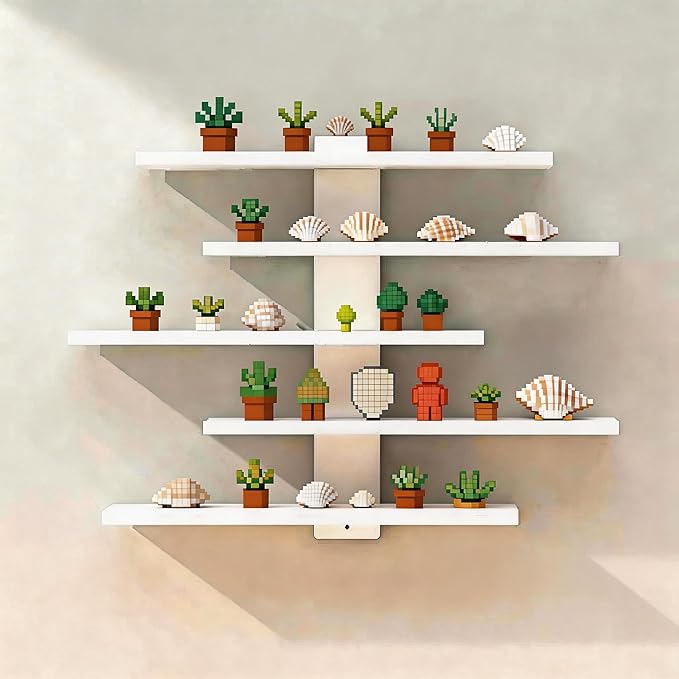 No Drill Floating Shelf for Wall, 5-Tier Wall Mounted Organizer, Damage-Free Display Shelf for Collectibles, Figures, Bathroom Kitchen Storage, White by Frawenleco