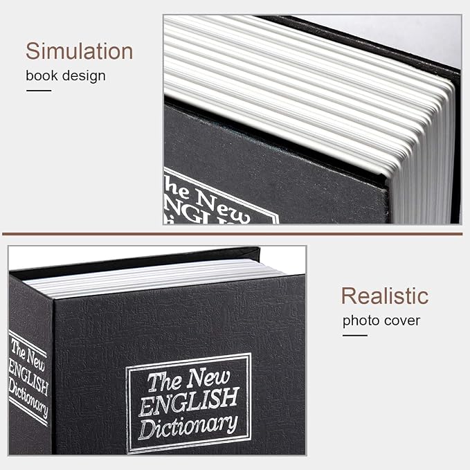 Jssmst Book Safe with Key Lock, Dictionary Diversion Safe Seceret Hidden Book with Safe Inside, Fake Book Money Metal Lock Box Small, 7.2" x 4.6" x 2.2", Black - Image 4