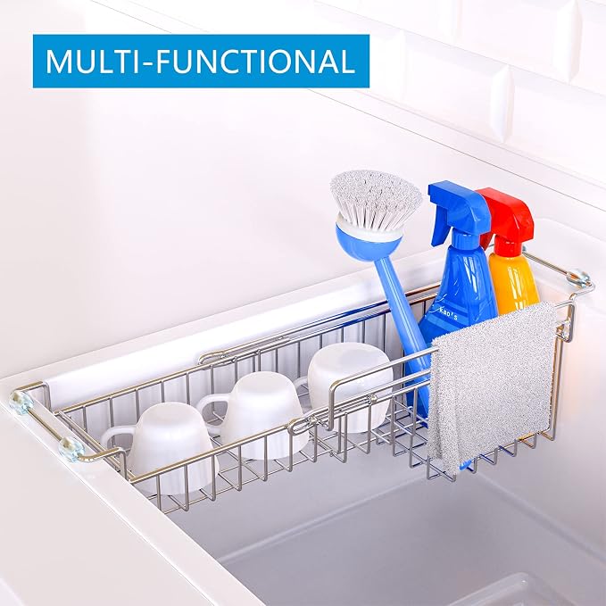 Over The Kitchen Sink Caddy Sponge Holder Organizer Drying Rack Expandable for Sponge Brush Soap Dish Cloth Rag, Stainless Steel (12.25" to 17.25") - Image 5