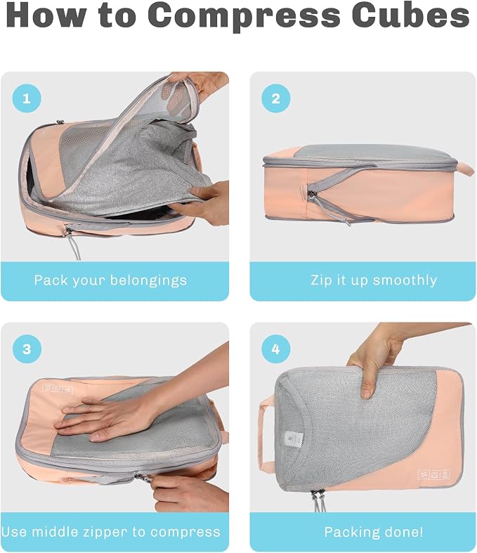 6 Set/ 4 Set/ 2 Set Compression Packing Cubes Travel Essentials Lightweight Nylon Luggage Suitcase Organizer Bag Light Pink 6PCS - Image 6