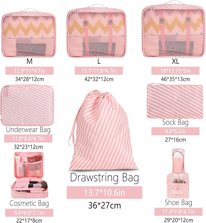 BAGAIL 8 Set Packing Cubes Luggage Packing Organizers for Travel Accessories-White and Pink Stripe - Image 2