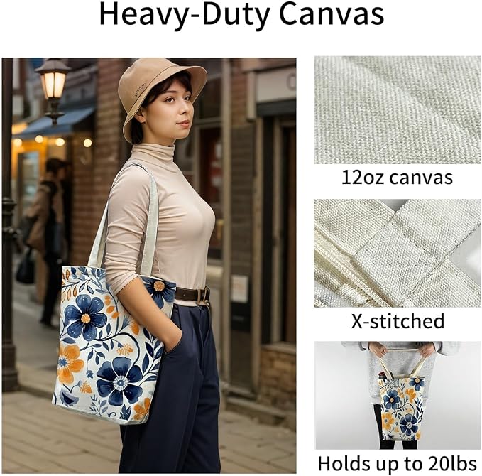 itgowisa Canvas Tote Bag for Women, Tote Bag with Zipper Inner Pocket, Zippered Canvas Bag for Shopping Work Grocery Everyday - Image 3
