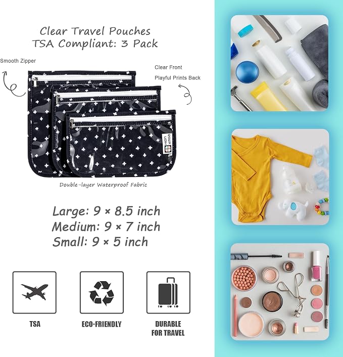 HIONXMGA Set of 3 Clear Travel Toiletry Bag, TSA Approved, Quart Size S/M/L | Clear Front Zipper Pouches Waterproof Cosmetics Bags for Women Kids Toiletries Baby Essentials Well-Organized Carry, PlusX - Image 4