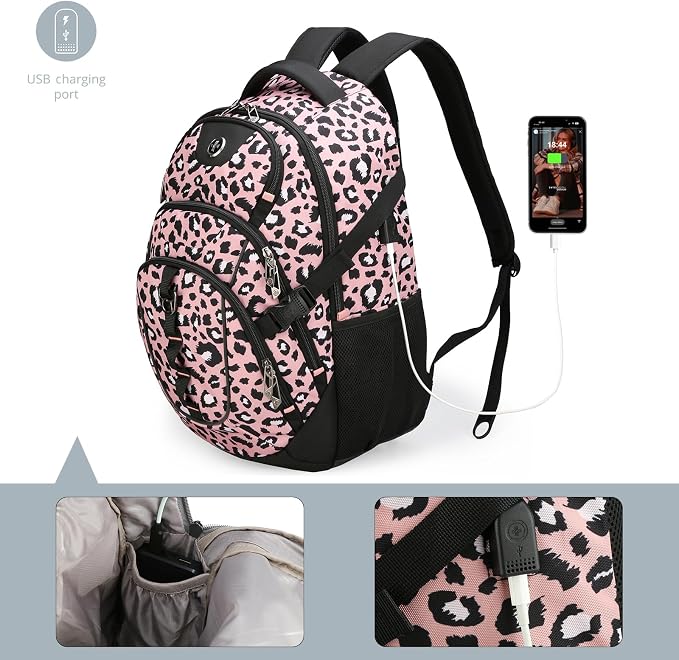 Swissdigital Laptop Backpack with USB Charging Port, Travel Backpack Fits 15.6 inches Computer, 31L Backpack for Women, Pink Leopard | SD803-102 - Image 6