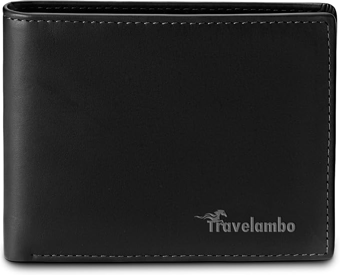 Travelambo Leather Wallet for Men, Slim Minimalist RFID Credit Card Holder | Mens Thin Bifold Pocket Wallet, Gift for Father, Black by Travelambo
