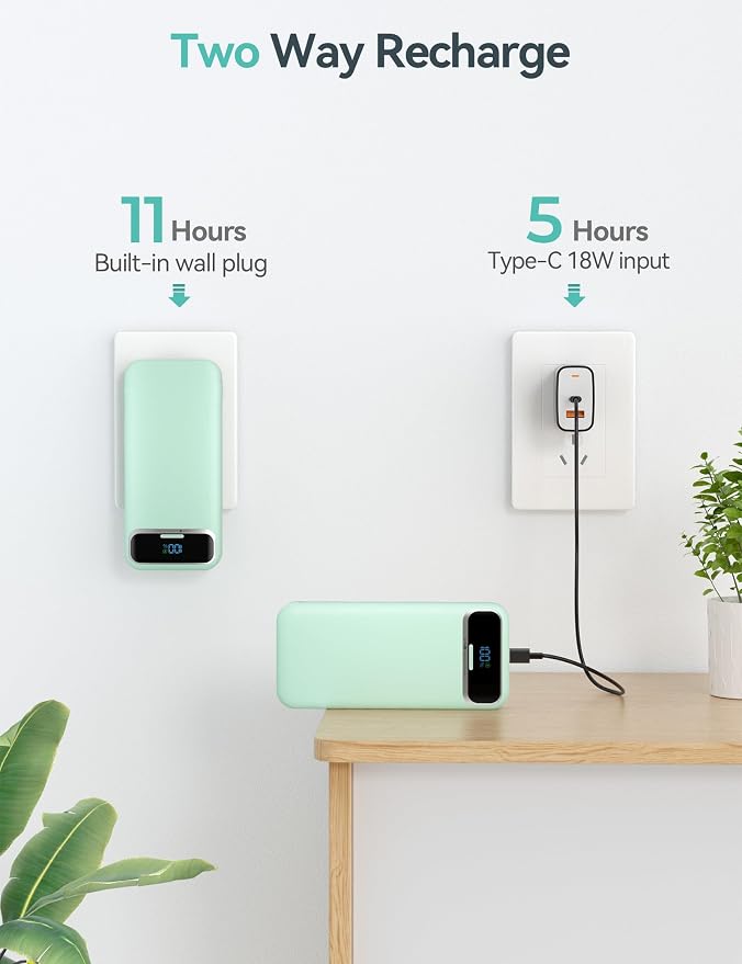 aonidi Portable Charger 20000mAh with Built-in Cables&AC Wall Plug, Green | PD20W Fast Charging,Travel Essential,TSA Approved,LED Display,All in One USB C Power Bank for All Cell Phones Devices - Image 7