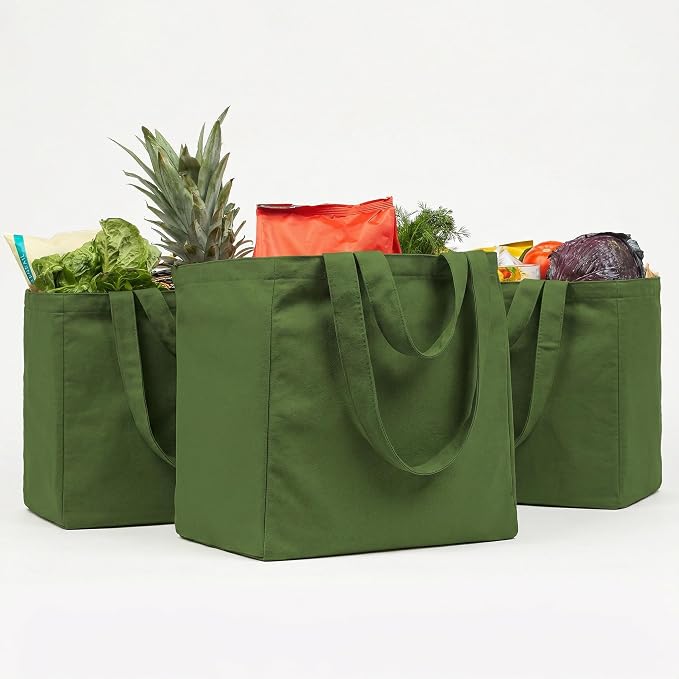 VeraMia Canvas Grocery Bag 3pc XL Set with Real Pockets, Long Shoulder Strap and Short Handle. Heavy Duty, Foldable, Washable by VeraMia