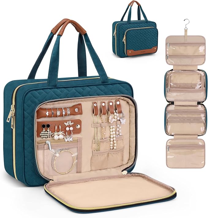 Toiletry Bag for Women, Hanging Travel Toiletry Bag with Jewelry Organizer Compartment Large Makeup Bag, PVC Waterproof Cosmetic Travel Bag for Travel Business Trips Camping Bathroom, Blue by Wedama