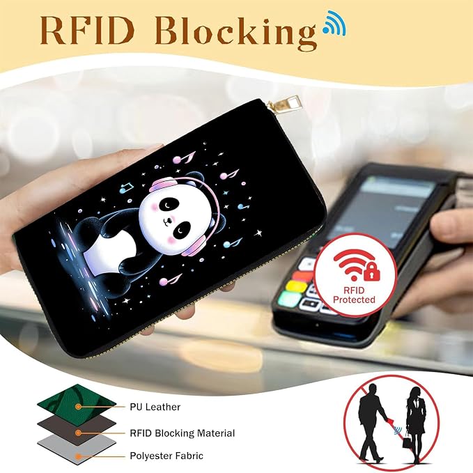 Women's RFID Blocking PU Leather Zip-Around Wallet, Large Capacity Clutch with Phone Holder, Travel Purse & Card Organizer with Removable Wristlet,Cute Music Panda - Image 2