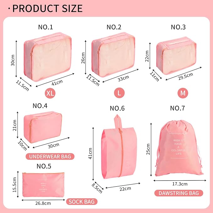 7PCS Packing Cubes for Suitcases, Travel Luggage Organizer Bags, Suitcase Organizer Bags Set for Carry on Luggage Travel Essentials, Pink - Image 2