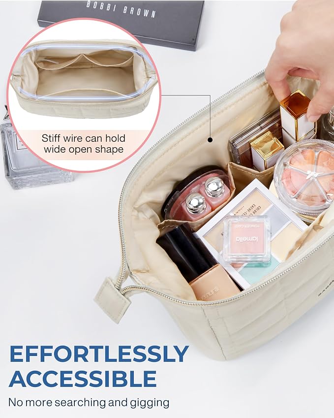 BAGSMART Makeup Bag Travel Toiletry Bag, Wide-open Zipper Pouch, Beige | Puffy Padded, Travel Essentials, Make Up Bag, For Women, Makeup Organizer, Toiletries Accessories Brushes - Image 4
