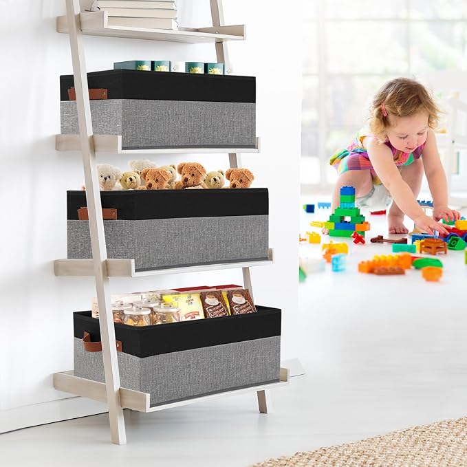 3 Pack Large Capacity Storage Bins Closet Organizer for Shelves | Fabric Closet Storage Baskets Boxes with Leather Handles for Organizing Clothes, Sheets, Jeans, Toys, Books (Black and Grey) - Image 2