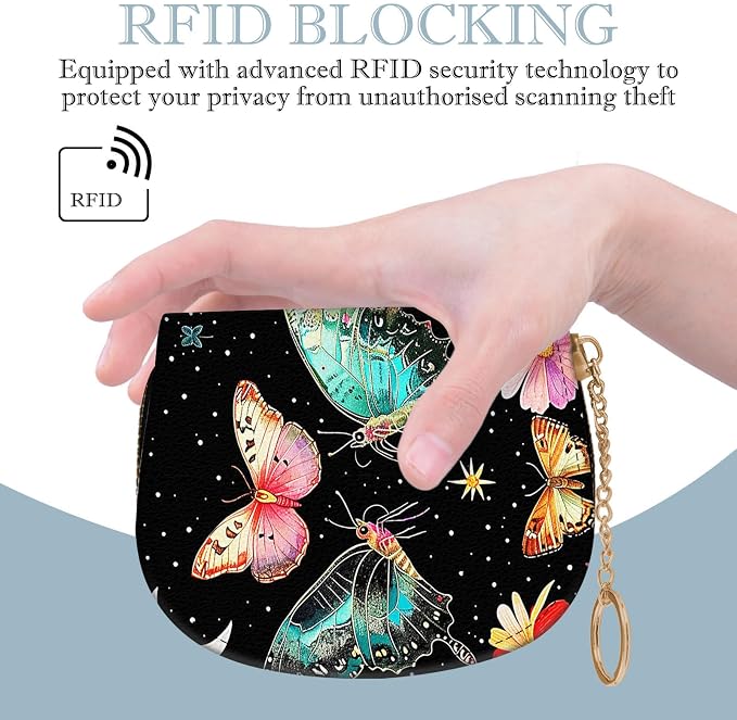 Women's Slim RFID Wallet – Compact Leather Card Holder Wallet for Women, 9 Card Slots RFID Blocking Credit Card Organizer, Small Travel Wallet - Butterfly Moon Flower - Image 5