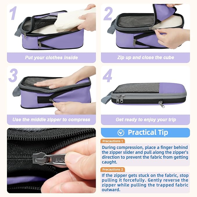 BAGAIL 4 Set/6 Set/8 Set Compression Packing Cubes Travel Accessories Expandable Packing Organizers (Half Mesh, 6-Lavender) - Image 4
