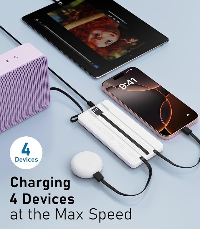 Portable Charger with Built in Cables, Slim 10000mAh Power Bank, USB C Battery Pack Travel, 4 Output 2 Input External Charging Bank for iPhone 17/16/15/14/13,Samsung, Android, etc-White(1 Pack) - Image 2