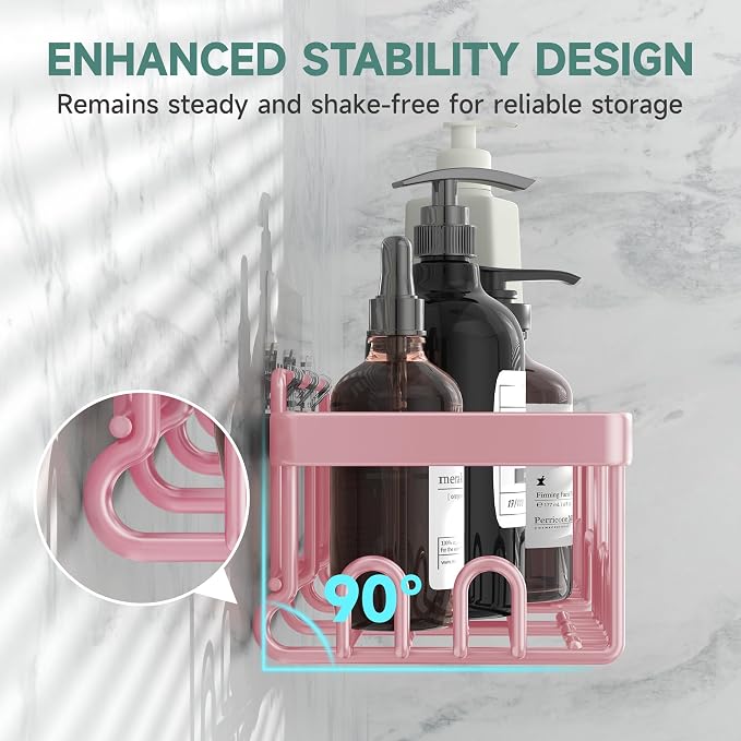 Veken Large Capacity Shower Caddy 6-Pack, No Drilling & Rustproof, Adhesive Shower Shelves with Soap Holder, Bathroom Organizers and Storage, Wall-Mounted Kitchen & Home Decor, Pink - Image 2