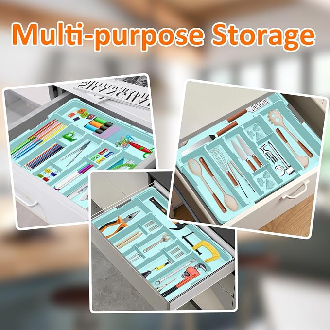 Large Utensil Drawer Organizer Expandable Silverware Organizer for Kitchen Drawer Adjustable Cooking Utensil Holder Cutlery Flatware Tray Spatula Tools Gadgets Storage Dividers Plastic Turquoise - Image 9