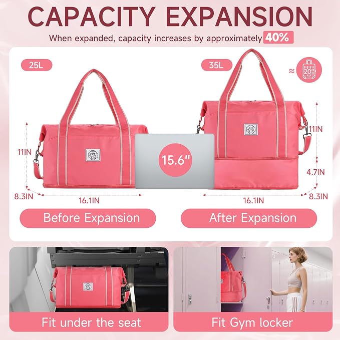 WALNEW Foldable Travel Duffel Bag, Weekender Bag for Women, Coral | Overnight Carry On Bag, Waterproof Gym Luggage with Metal Buckle Detachable Shoulder Strap and Wet Compartment - Image 2