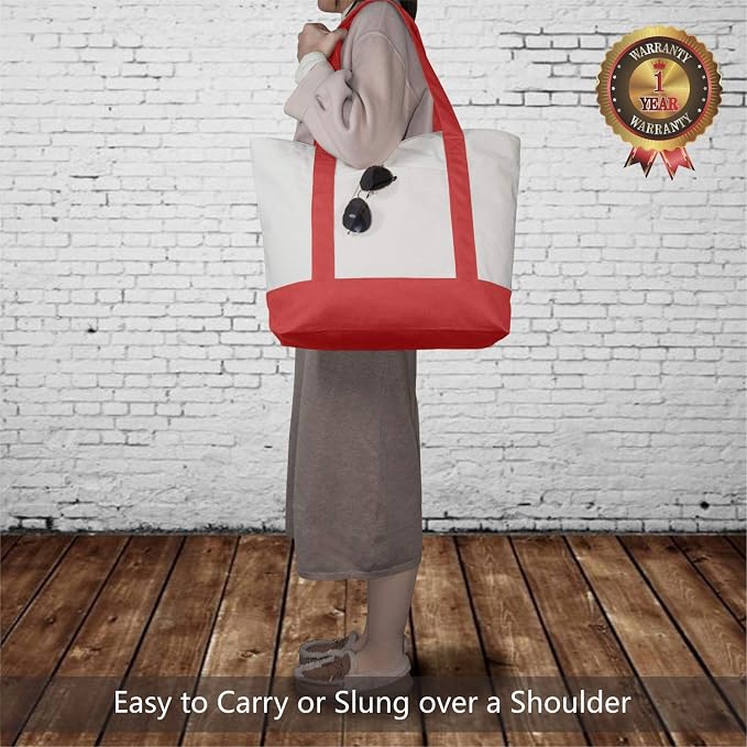 TOPDesign 3-Pack Canvas Tote Bags with an External Pocket, Reusable Grocery Shopping Bags, Top Zipper Closure, Daily Essentials (Red/Natural) - Image 2