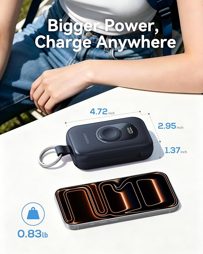 RORRY CharmGo Portable Charger, 20000mAh PD 30W Portable Charger Power Bank | Built-in Cables, Fast Charging Keychain Portable Battery Pack, Travel Essentials for iPhone, Apple Watch, iPad - Image 6