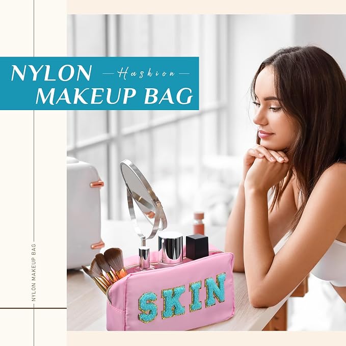 Preppy Makeup Bags Chenille Letter Stuff Bag Nylon Cosmetic Pouch Cases with Zipper for Women Travel Toiletry(Light Color,Vivid,4 Pcs) - Image 7