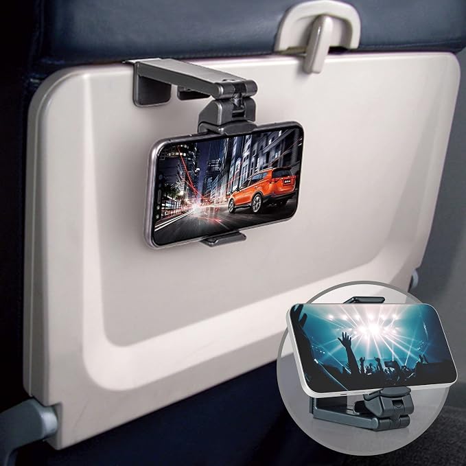 Travel Accessories, Universal Seat Back Tray Table Phone Clip Holder, Adjustable Pocket Size Hands Free Phone Holder Airplane Travel Essentials Compatible with iPhone and Android 2 Packs by BEYONDCELL