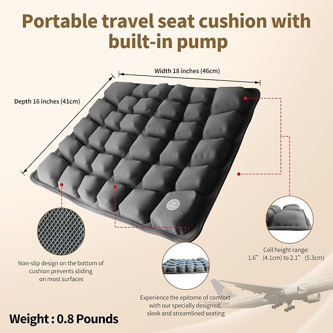 Inflatable Seat Cushion with Built-in Pump - 3D Air Cell Ergonomic Pad for Sciatica & Tailbone Pain Relief - Portable Cooling Chair Cushion for Airplane Travel, Car, Office & Stadium (0.8lbs) - Image 3
