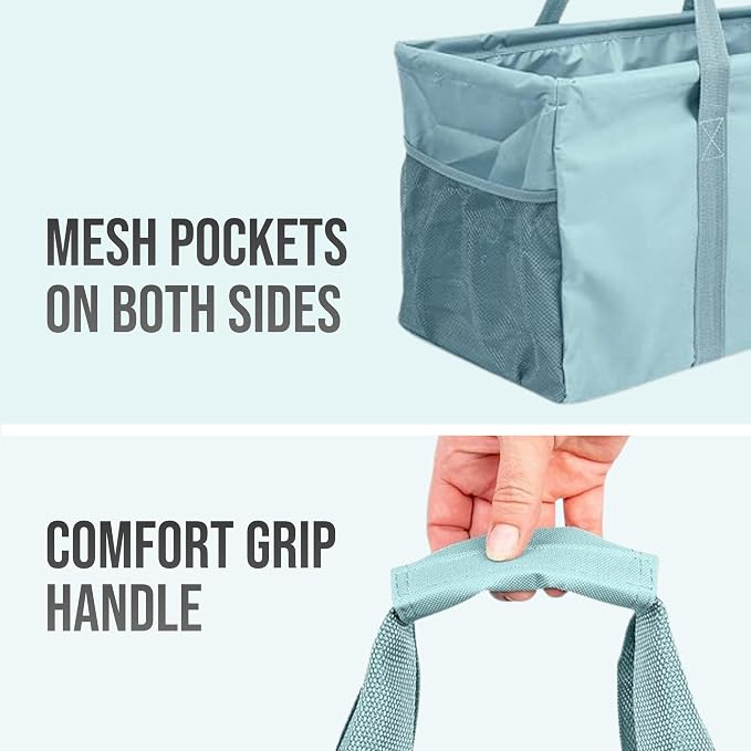 Extra Large Utility Tote Bag - Oversized Collapsible Reusable Wire Frame Rectangular Canvas Basket With Two Exterior Pockets For Beach, Pool, Laundry, Car Trunk, Storage - Light Blue - Image 8