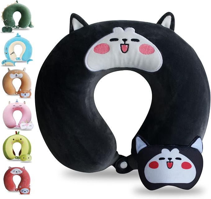 Sexysamba Cartoon Headrest & Neck Pillow for Kids Boys & Girls, Teens, Travel Accessories for Airplane, Car, Recline, Memory Foam Cute Travel Pillow with Sleep Eye Mask - Husky by Sexysamba