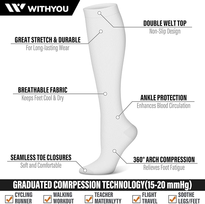 WITHYOU 3 Pairs Compression Socks for Women & Men 15-20 mmHg,Best Support for Nurses Running Hiking - Image 3