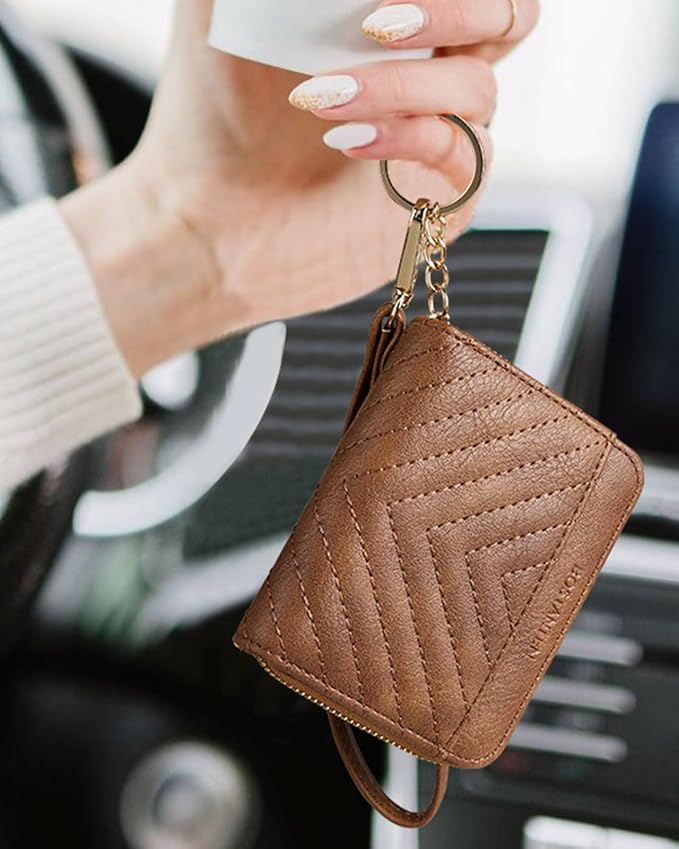 BOSTANTEN Credit Card Holder Small RFID Wallet Women with Keychain Wristlet | Compact, Accordion Design, Easy Organization, Fits Small Purses, Quilted Vegan Leather, Perfect Gifts, Brown - Image 6
