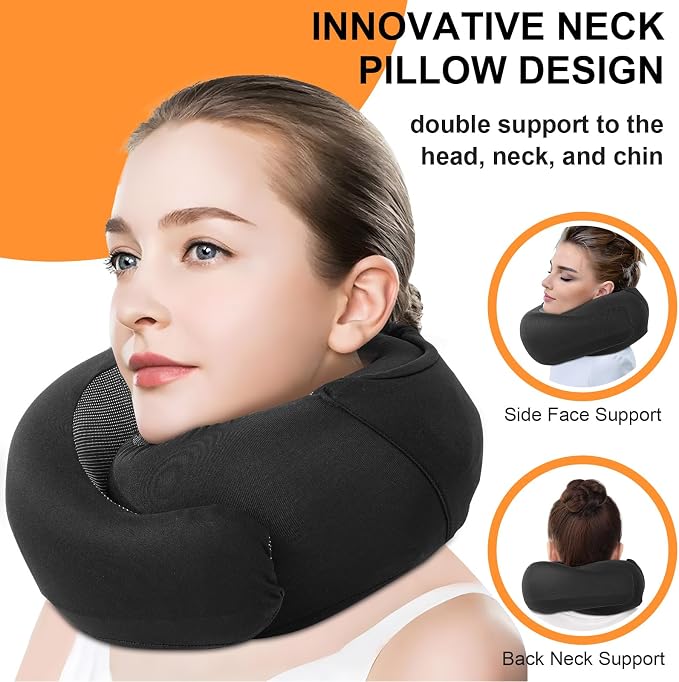 Travel Pillow - Hooded Neck Pillow Airplane Memory Foam Filling | for Plane, Office, Cars Sleeping, Road Trip, Long Flights Essentials, Includes Eye Mask & Earplugs (Black) - Image 4