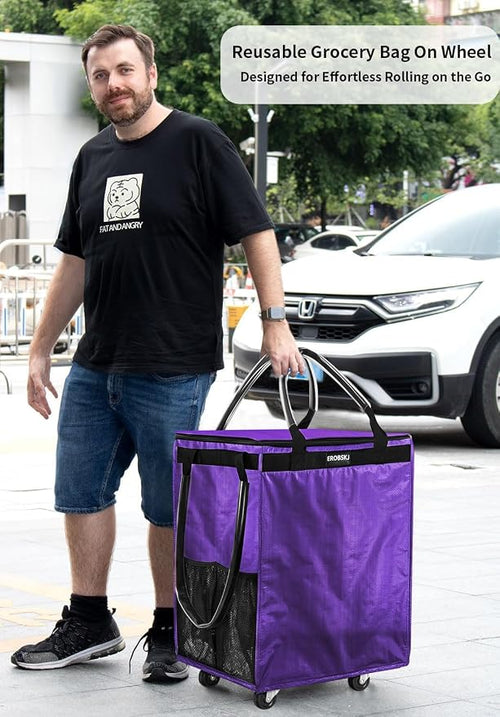 (Medium,Violet) Reusable Grocery Bag on Wheels, 70L Foldable Rolling Tote, Extra Storage for Shopping, Zipper Clouser Shopping Carts for Groceries, Laundry, Camping, Moving, 4 Heavy Duty Wheels | 70L Extra Storage for Shopping, Zipper Clouser Shopping ... - Image 2