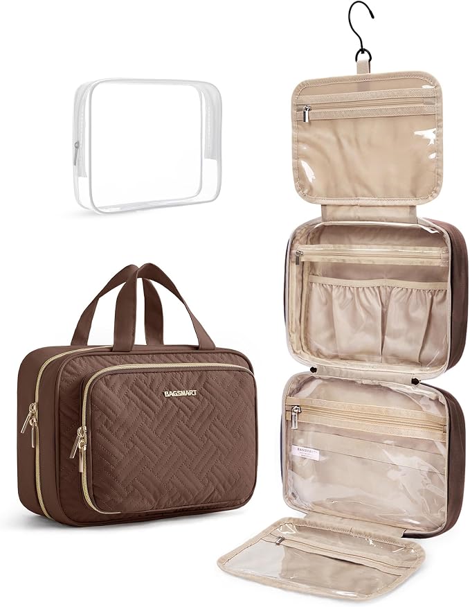 BAGSMART Toiletry Bag Hanging Travel Makeup Organizer with TSA Approved Transparent Cosmetic Bag Makeup Bag for Full Sized Toiletries(Coffee Brown) by BAGSMART
