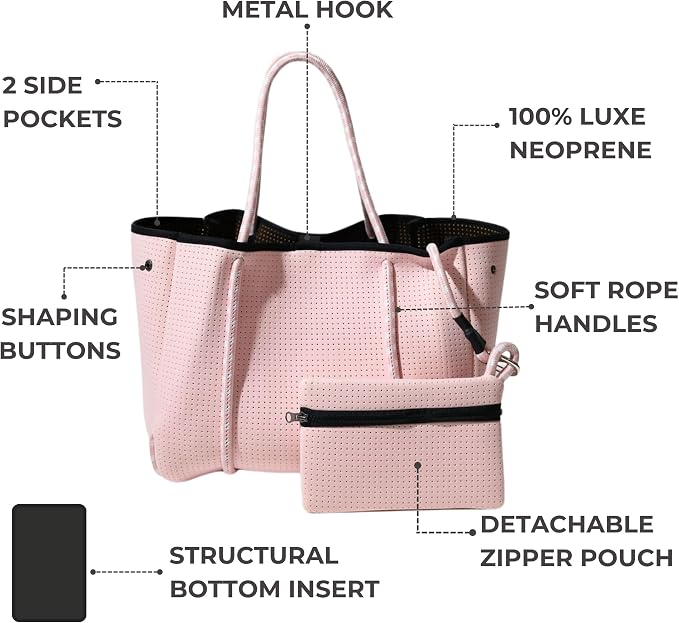POPUPS Large Neoprene Tote Bag for Women - Everyday Designer Handbag for Travel Work and Beach with Pockets and Zipper Pouch - Image 4