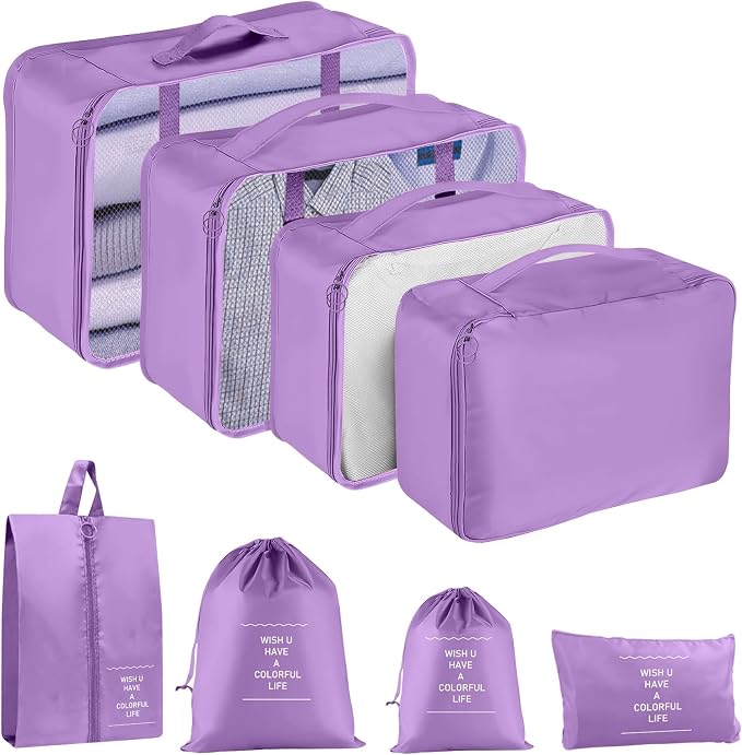 Packing Cubes for Travel- 8 Set Luggage Organizer Bags for Family, Mesh Breathable Travel Packing Cubes for Suitcases Durable Travel Essentials Bags Set (Purple, 8 Set) by YEEYAA