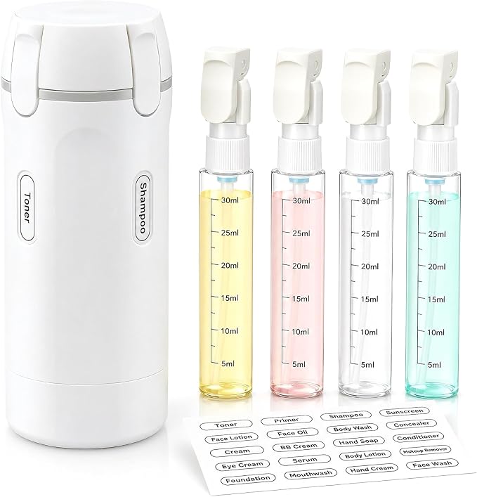 4-in-1 Travel Dispenser Bottle, Travel Toiletry Containers, 30mL Bottles | 4 Refillable Travel Size Containers, Leakproof Pump Bottles for Shampoo, Lotion and Conditioner, TSA Travel Essentials by Unknown